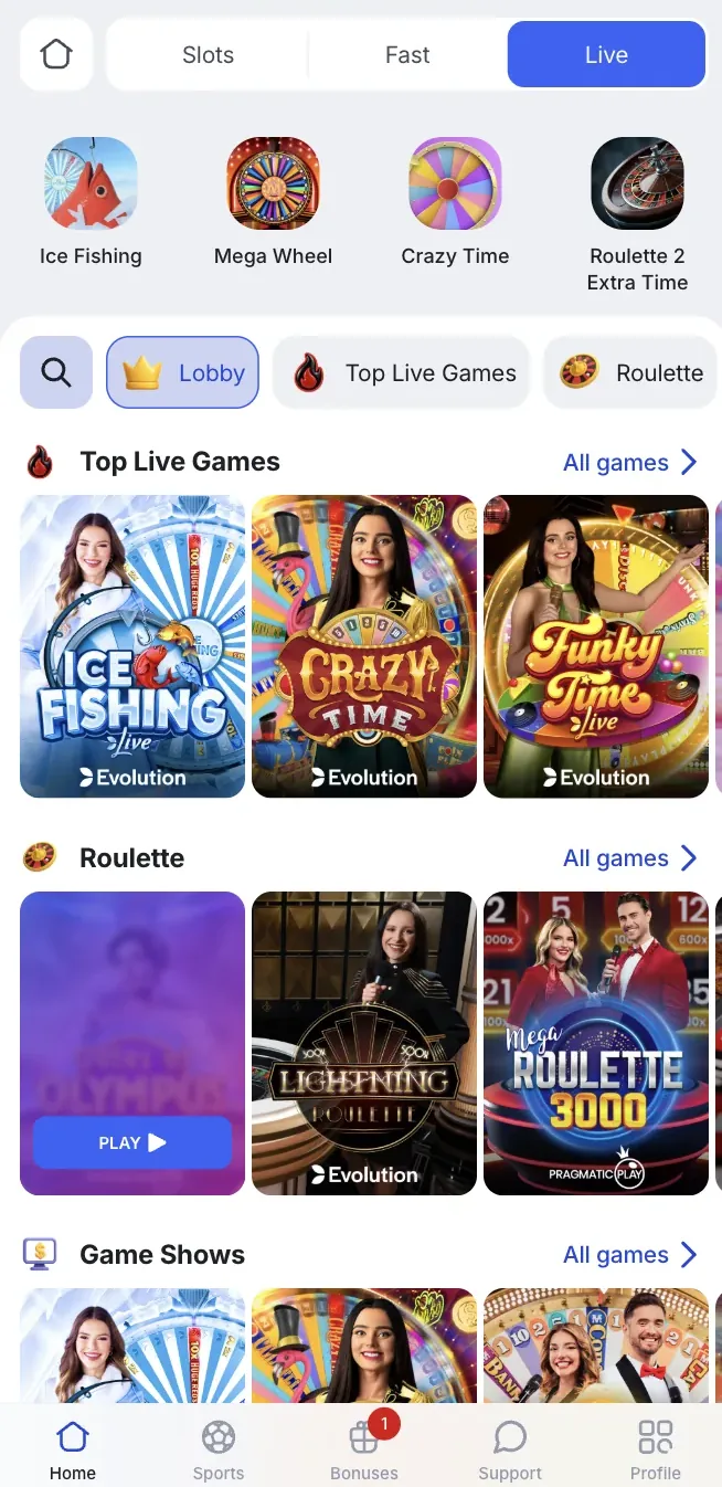 Cassino ao vivo do Glory Casino Brasil no celular com Crazy Time e Ice Fishing